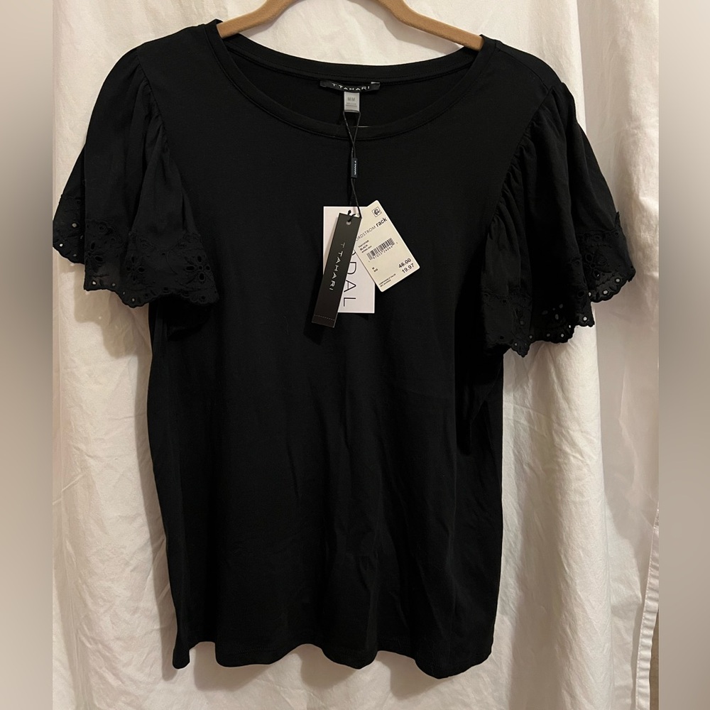 T Tahari Classic Black Tee with Eyelet sleeves NWT Size M